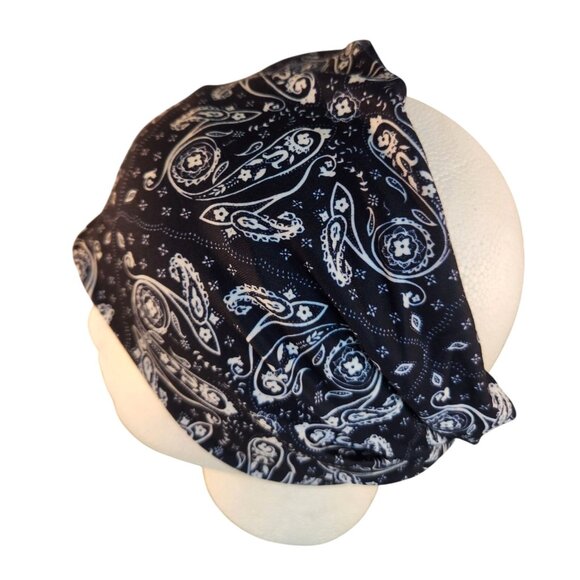 Navy Blue Paisley Knit Headwrap Hairband Soft Stretchy Headband Unisex Sweatband - Picture 2 of 5